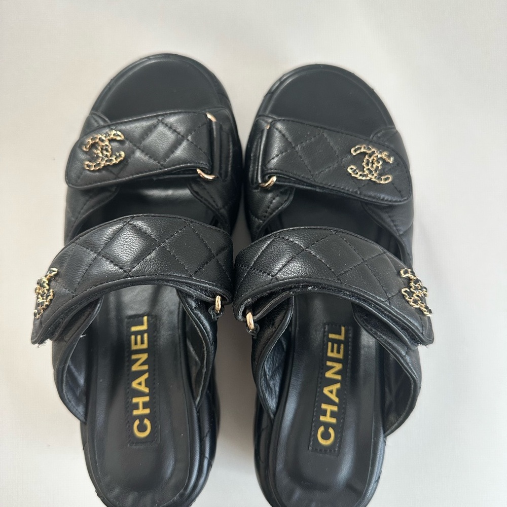 CH*NEL Black Quilted Sandals with Gold Accents